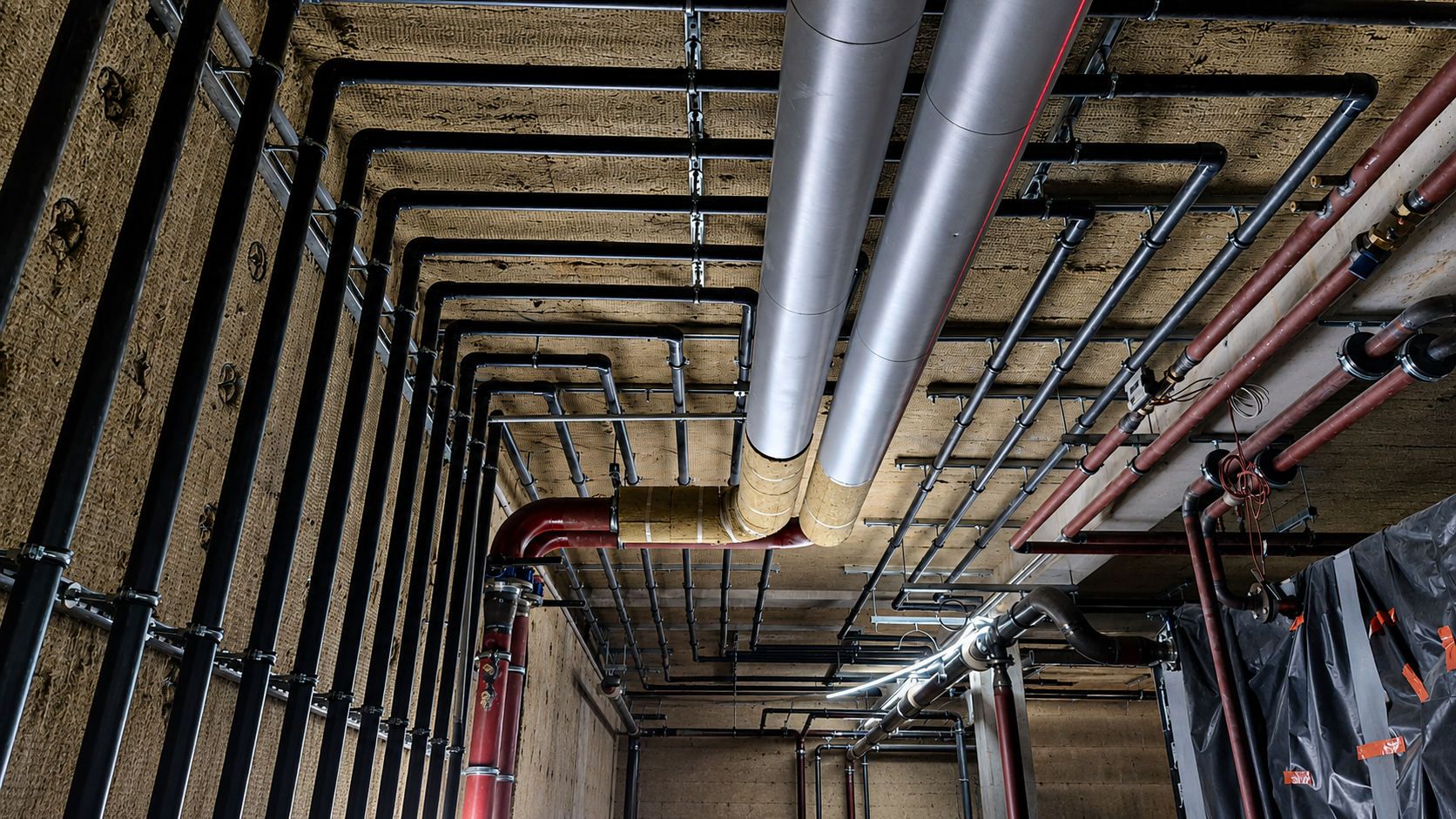 Tuyauterie PEHD/PVC au plafond - installation industrielle